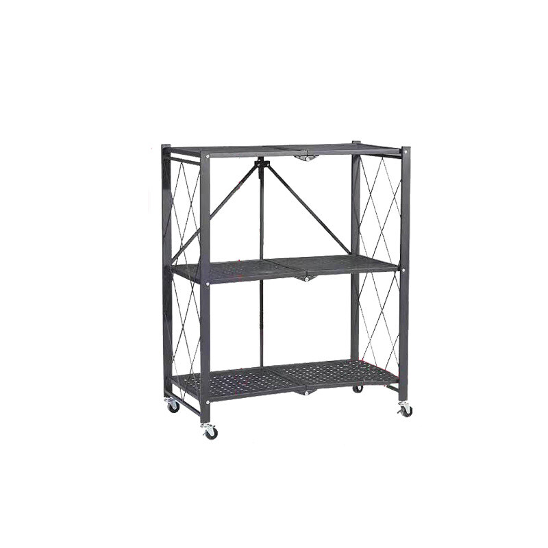 3-tier heavy duty metal rack. Foldable. With wheels. Black style. 1000 lbs capacity. Organize smartly. Move with ease. TBCEXP