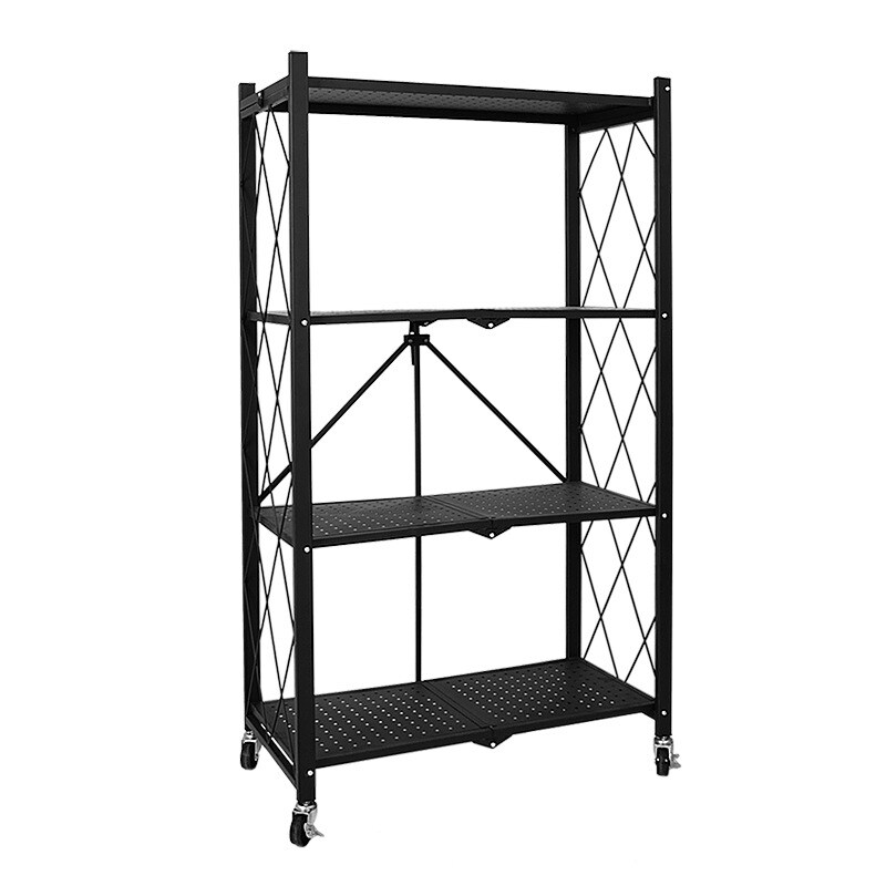 4-tier heavy duty metal rack. Foldable. With wheels. Black style. 1000 lbs capacity. Organize smartly. Move with ease. TBCEXP