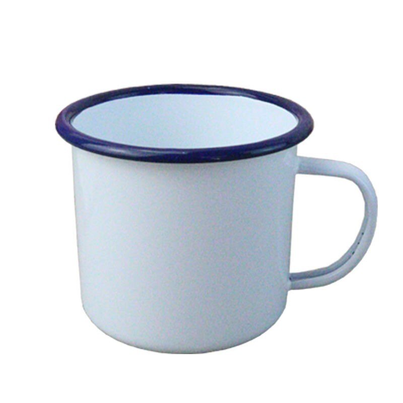 White Enamelware Mug with Blue Rolled Rim TBCEXP